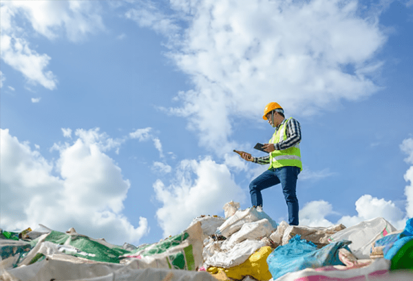 man standing on top of a pile of recycling